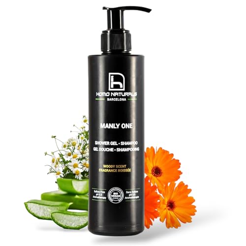 Homo Naturals Gel de Ducha y Champú Hombre sin Sulfatos ni Parabenos, BIO - Gel de Baño y Champu 2 en 1 Uso Frecuente Hombre - Con Aloe Vera - Orgánico y Vegano - 250 ml