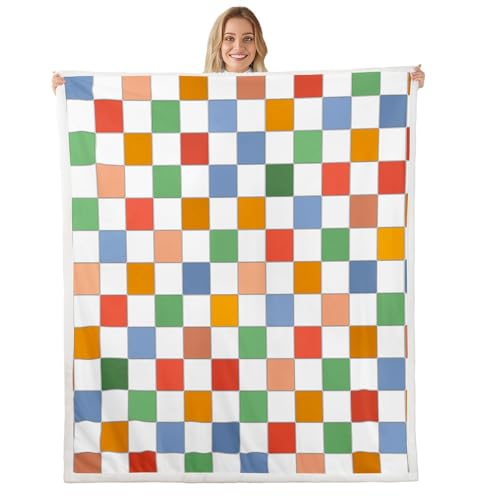 Image of Erosebridal Retro Checkered Sherpa Blanket Vintage 60S 70S Style Funky Geometric Plaid Fleece Bed Blanket 40 inchX50 inch Retro Checkerboard Grid Throw Blanket for Kids Groovy Aesthetic Fuzzy Blanket