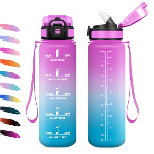 Trinkflasche 1L, Motivierende Trinkflasche mit Zeitmarkierung, Auslaufsicher, Sport Wasserflasche mit Strohhalm, Kohlensäure Geeignet… – Ansicht 1