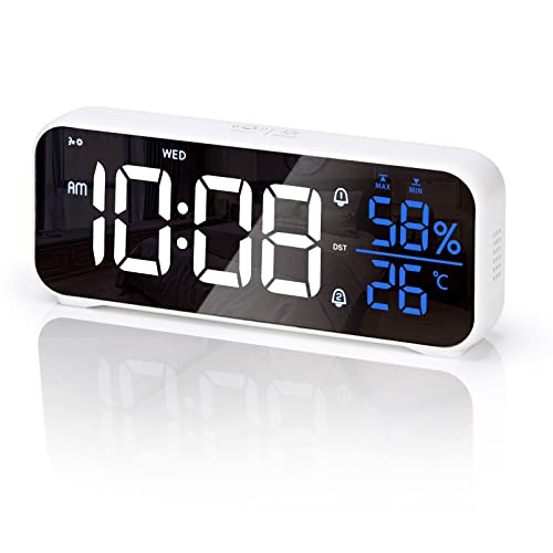 VIVILINEN Despertador Digital con Gran Pantalla LED para Temperatura y Humedad Reloj Digital de Sobremesa con 18 Tonos de Alarma, 4 Niveles de Brillo, Carga USB, 2 Alarmas, 12/24H y Snooze