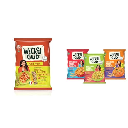 Image of WickedGud 2X Fiber Penne Pasta | No Maida | Durum Wheat Semolina | Brown Rice | Red Lentils | + WickedGud Nourishing Instant Noodles Range (Single Packs) | No Maida | No Oil | No MSG | High
