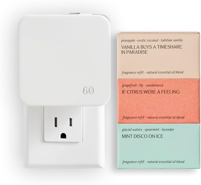 Below 60 Plug-In Essential Oil Fragrance Diffuser | Electric Scent Diffuser with 3 Natural Fragrances | Compact, Stylish Design for Luxurious Home Aroma | Ideal for Living Room, Bathroom, Office