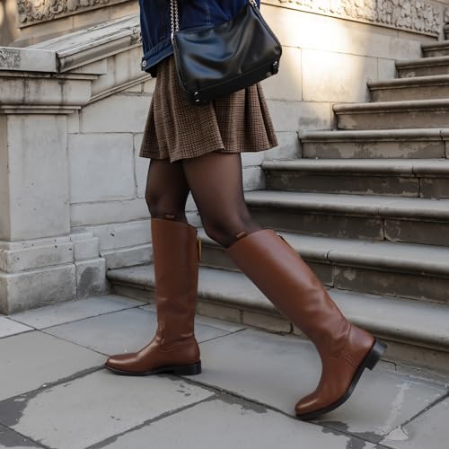 Image of Modatope Knee High Boots Women Rounded Toe Flat Retro Bais Opening Low Chunky Heel Riding Boots