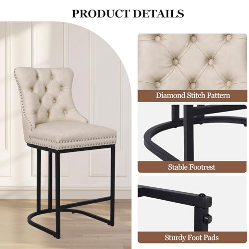 Image of UVV Counter Height Bar Stools Set of 2, 26 inch Modern Barstools with Back, Faux Leather Upholstery Counter Chairs with Metal Legs for Kitchen Island, Bar, Counter, Beige