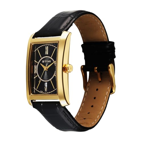 Image of Titan Regalia Allure Analog with Date and Black Dial Black Leather Strap Watch for Men - 10046YL01