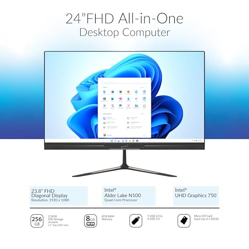 Image of Supersonic SC-5524AIO 24 inch Windows All-in-1 Desktop Computer, Intel Quad-Core N100, 256GB SSD, 8GB RAM, UHD Graphics 600, Windows 11, Office 365, HDMI, Wi-Fi, Micro SD, Keyboard & Mouse Included