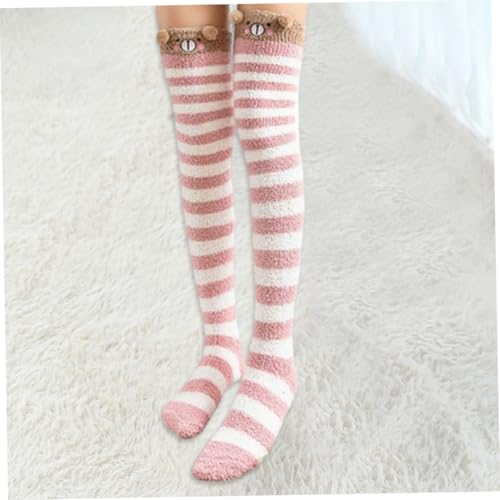 Thigh High Fuzzy Socks Over Knee Cute Cartoon Stripes Soft Coral Fleece Stocking 1Pair Style3 thigh high stockings for girls2