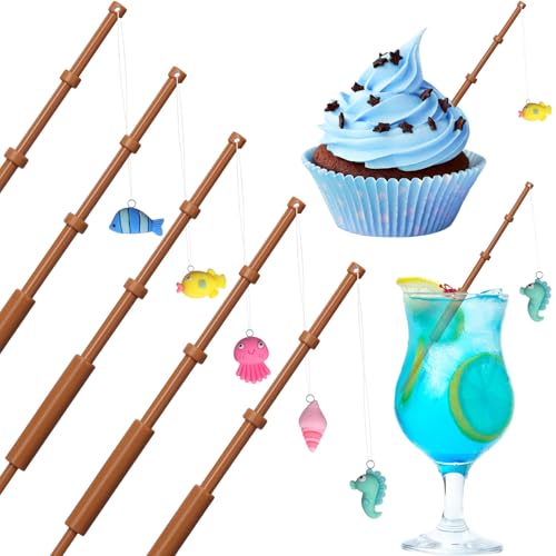 Mini pics à cupcakes canne à pêche décoratifs pour buffet apéritif et fête d'anniversaire tropicale