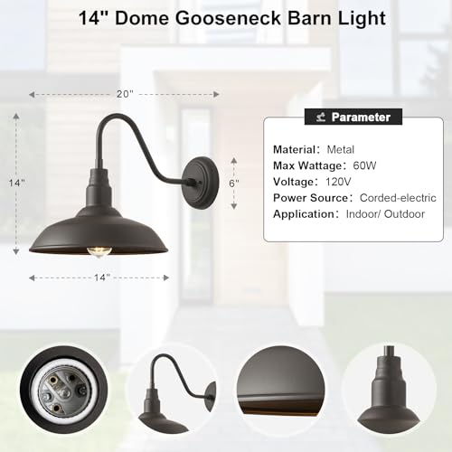 Image of 2 Pack Outdoor Barn Farmhouse Light with 14in Dome, Exterior Gooseneck Lights Fixture for House, Dark Bronze Outside Wall Mount for Porch, Patio, Entryways