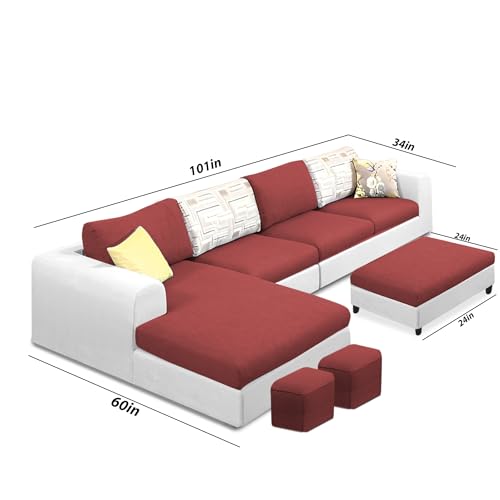 Image of Koza LHS 8 Seater L Shape Sofa Set with Center Table for Living Room (Maroon Grey Fabric) Premium Fabric Sofa