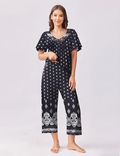 Ekouaer Women's Capri Pajama Set Short Sleeve Top and Pants 2 Piece Sleepwear Floral Print Ladies Pjs Sets4
