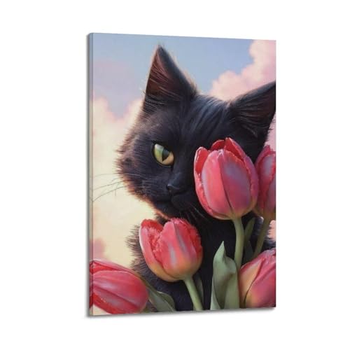 Poster chat noir et rose WIZIGM pour exprimer votre amour des félins avec style