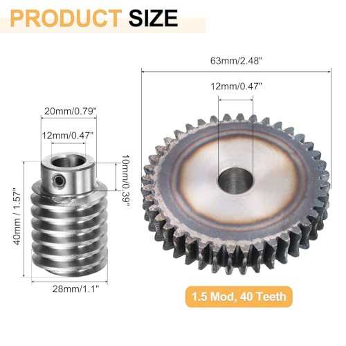 QUARKZMAN #45 Stahl Schneckenradsatz 40T 1,5 Modul 20:1 Übersetzungsverhältnis, Antriebsgetriebe Rad Reduziergetriebeteil (Zahnrad-12mm Bohrung 63mm Außendurchmesser, Stange 12mm Bohrung)