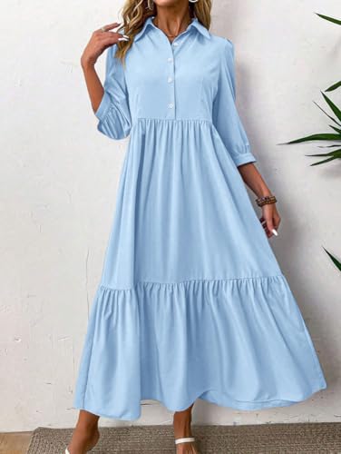 chouyatou Women's Casual Button Up Polo Collar Shirt Dress 3/4 Sleeve Ruffle Tiered Maxi Long Dress3