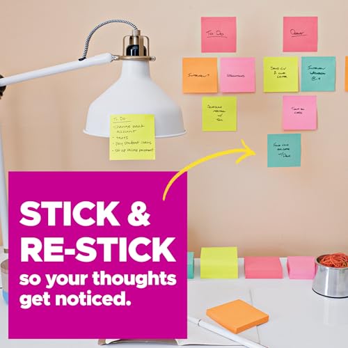 Image of Post-it Super Sticky Notes, Energy Boost Collection, 1260 Total, 3 in x 3 in (76 mm x 76 mm), 14 Pads /Pack, 90 Sheets /Pad, 2X Sticking Power, Recyclable, Assorted Bright Colors