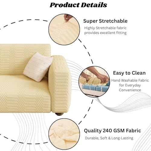Image of Lukzer 5 Seater Pastel Yellow Dotted Stripe Pattern Sofa Cover | 240 GSM Universal Stretch Fit 3+1+1 Jacquard Fabric Couch Protector | Fully Covered Anti Slip & Washable Sofa Cover - SC-070-05