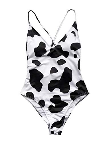 SOLY HUX Women s Plunge Neck Cross Back High Cut One Piece Bathing Suits Swimsuit Black White Cow S