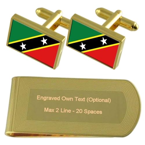Gemelos de St. Kitts & Nevis tono oro con pisabilletes grabado en estuche de regalo