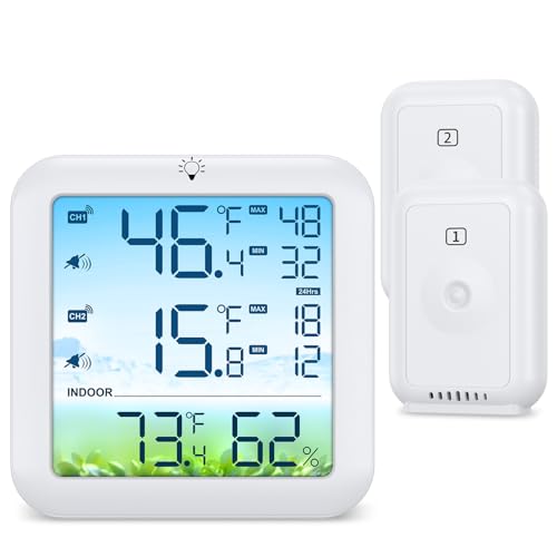 Bomivoi Wireless Fridge and Freezer Thermometer with Alarm, Max/Min Temperature Records Digital Refrigerator Thermometer, 328FT Remote Range, Magnetic & Stand Options for Kitchen Home Restaurant