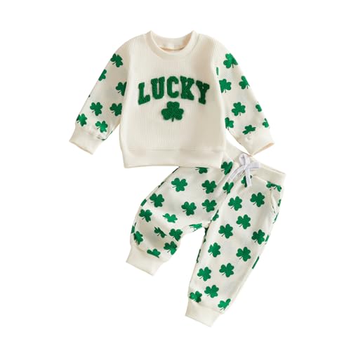 Image of Toddler Baby Boy Girl St Patricks Day Outfit Lucky Embroidery Waffle Long Sleeve Sweatshirt Pants Spring Clothes Set