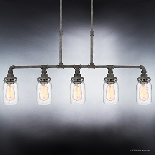 Urban-Ambiance-Luxury-Industrial-Chandelier-Large-Size-1925-H-x-38-W-with-Provencial-Style-Elements-Aged-Pipe-Linear-Design-Antique-Black-Finish-and-Mason-Jar-with-Floral-Pattern-UQL2664 Urban Ambiance Luxury Industrial Chandelier Large Size 1925 H x 38 W with Provencial Style Elements Aged Pipe Linear Design Antique Black Finish and Mason Jar with Floral Pattern UQL2664