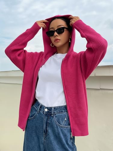 Image of SOLY HUX Zip Up Cardigan for Women Hooded Cardigan Sweater Knitted Drop Shoulder Fall Clothes Winter Hoodies Outerwear