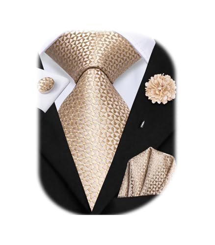 Image of Hi-Tie Men Silk Ties Set with Flower Lapel Pin Necktie Pocket Square Cufflinks for Tuxedo Wedding Business