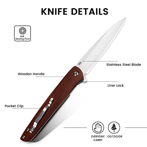 Carimee Pocket Knife, Edc Folding Gentleman Knife For Men With Rosewood Handle, 3.93” D2 Steel Blade, Outdoor Slim Knife For Camping Hunting Fishing Hiking Survival, Gift For Man #TOP3