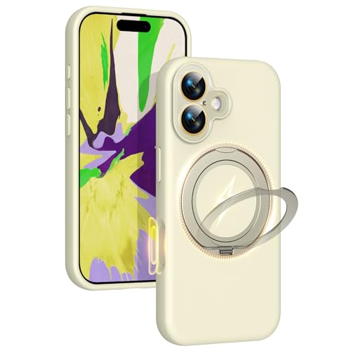 Image of Silicone 360 Spin Magnetic Stand Case for iPhone 17, [Compatible with Mag-Safe][Reinforced Hard Camera Protection]Shockproof Liquid Silicone Rubber Phone Case Cover with Ring, Camera Button, Ivory