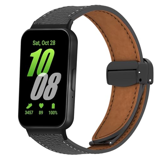 PONATTENO Replacement Leather Watch Band Compatible For Galaxy Fit 3, Magnetic Folding Buckle Design,Classic Replacement Strap Genuine Leather Wristband (Black)