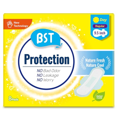BST Mint Fresh Odor Control Menstrual Pads for Women, 9.5 Inch 16 Count, Natural Mint Infused Thin Feminine Pads for All-Day Freshness & Secure Fit, Reliable for Active Lifestyles & Daily Use