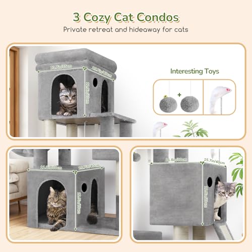 Image of Globlazer Heavy Duty Cat Tree for Indoor Cats Large Adult, F52B, Light Grey | 3 Condos, Extra-Large Baseboard, Removable Top Perch, 4 Sisal Posts & Board, Hanging Basket, Anti-Topple Strap, Easy Setup