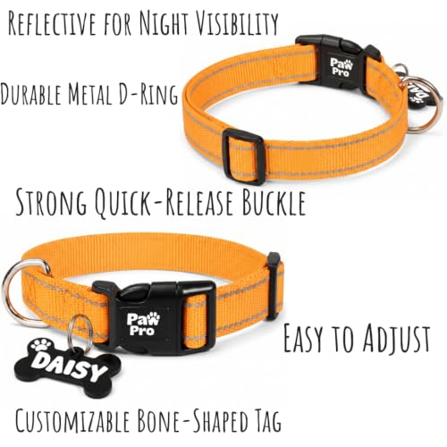 Image of PAWPRO Personalized Reflective Dog Collar and Leash Combo with Custom Bone-Shaped Name Tag | Handmade Soft Nylon Adjustable Collar 13-21 Inches | Reflective Leash Set for Medium & Large Dogs (Orange)