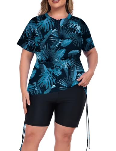 Inno Women's 2 Pcs Plus Size Rash Guard Set with Built-in Bra Zip Swim Top UPF 50+ Adjustable Ruched Side Swimsuit