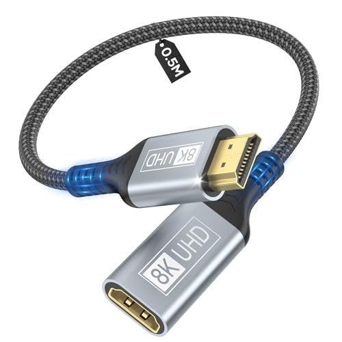 layajia 8K HDMI Verl&auml;ngerungskabel, HDMI 2.1 Stecker auf Buchse Adapter Verl&auml;ngerung Kabel 8K@60Hz, 4K@120Hz, 3D, HDR Kompatibel mit Roku Blu-Ray TV Stick HDTV Monitor &ndash; 0,5 m