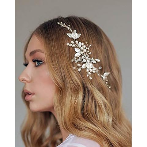 Unicra Bride Wedding Hair Vine Flower Headband Silver Pearl Bridal Headpiece Leaf Hair Accessories for Women and Girls Cover
