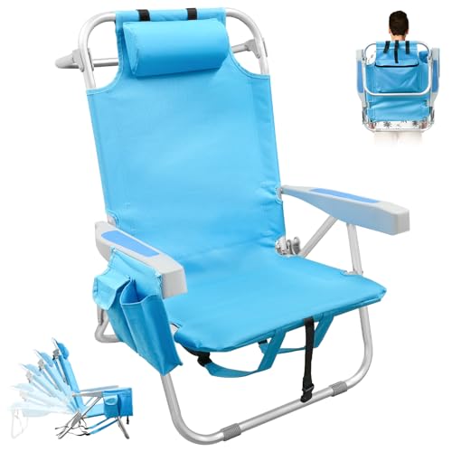 Mochila, cadeiras de praia para adultos, resistente, compacta, portátil, dobrável, com alças de mochila e bolso grande, cadeira reclinável de alumínio com 5 posições para pátio ao ar livre, suporte