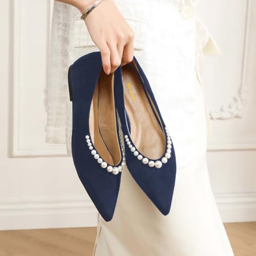 Women's Comfy Slip On Ballet Flats Pearls Bead Closed Pointy Toe Ballerina Shoes for Dancing Ballroom Prom Size 4-16 US3