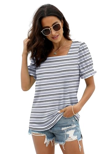 Image of WIHOLL Tops for Women Summer Casual Ruffle Trim Sleeve Square Neck T Shirts