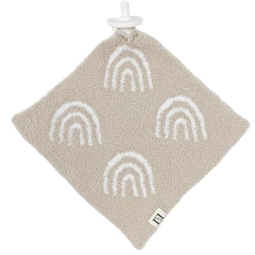 Image of Rainbow Baby Lovey Pacifier/Teether Holder 10"x10" - DreamSoft Plush Fluffy Cuddly Soothie Reversible Mini Comfort Blanket - Cute Newborn Gift Essential for Babies Boys and Girls (Tan/White)