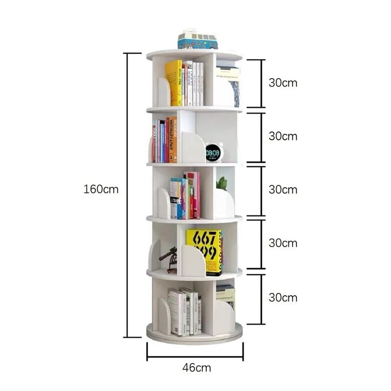 Image of AESTHETIC DECOR Wooden Rotating 360 Degree Preassembled Bookshelf Tower Open Rack Organiser Space-Saving 5 Tier Corner Stand for Home Library Kids Room White Ready to Use Multipurpose