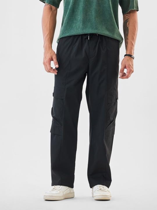 Image of Men's Cotton Cargo Pants | Straight Fit Casual Trousers for Men with Pockets | Lightweight & Breathable Pants with Elastic Waistband & Drawstring | Comfortable Lower for Mens