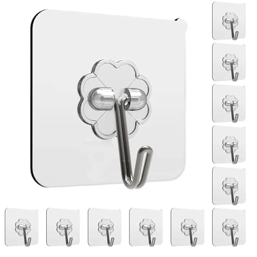 Image of Adhesive Hooks Heavy Duty, 12 Pack Sticky Hooks, Transparent Removable Adhesive Hooks for Hanging, Wall Hooks Can be Used for Kitchen Bathroom Shower Outdoor Home Improvement, Waterproof and Rustproof