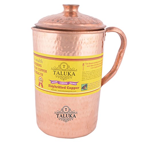 Image of Taluka (4.5 inch x 9 inch Inches) Handmade Hammer Copper Jug for Water Drinking Pitcher || 2000 ml Storage Serving| Home Hotel Restaurant Tableware Drinkware