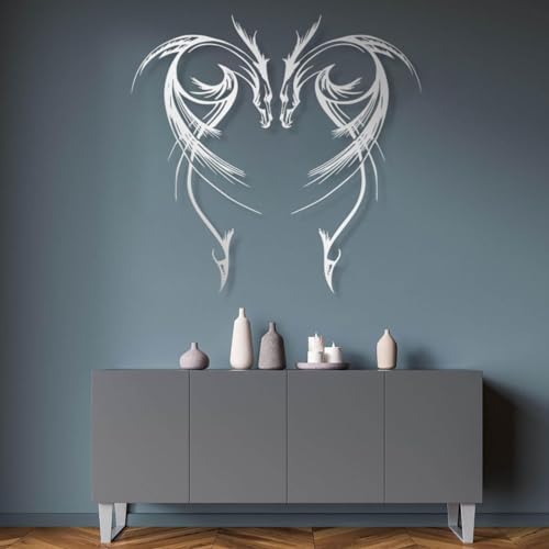 Dragon Metal Wall Art - Minimalist Dragon Line Art, Mythologic Tattoo Home Decor - Silver, 19.6"x19.6"/50x50cm - Housewarming Gift