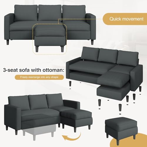 JAMFLY 3-Seat Convertible L-Shaped Sectional Sofa with Reversible Ottoman, Upholstered Fabric Couch for Small Living Rooms, Modern Modular Couch for Apartment, Studio & Loft, Grey - Image 6