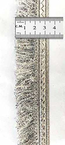 Mezin 1.25 Inch Fulzar Fringes Tassel Decorative Lace Trimmings Ribbon Festival Bridal Dupatta Lehenga, Saree, Anarkali, Indian Sari Border (Silver)