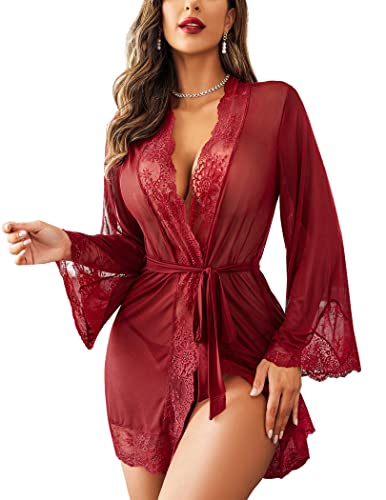 Image of Avidlove Women Lace Kimono Robe Babydoll Sexy Lingerie Mesh Chemise Nightgown Cover Up