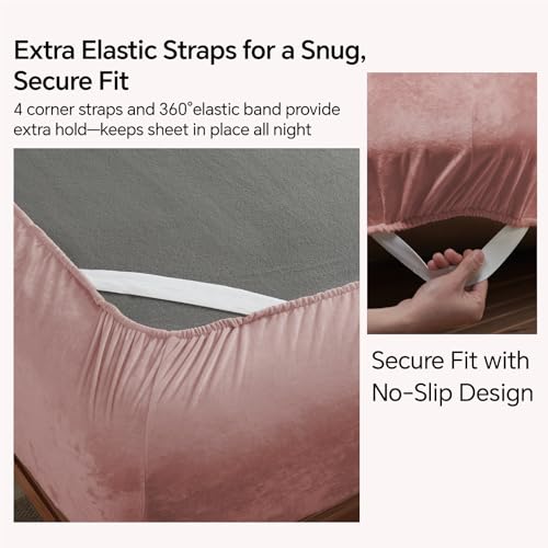 BEDELITE Velvet Fitted Sheet and Pillowcase Set, Luxury Soft Fuzzy Bottom Sheet with Reinforced Elastic Corner Straps, Deep Pocket up to 15 Inch, 1 Fitted Sheet and 1 Pillowcase (Twin, Dusty Pink)