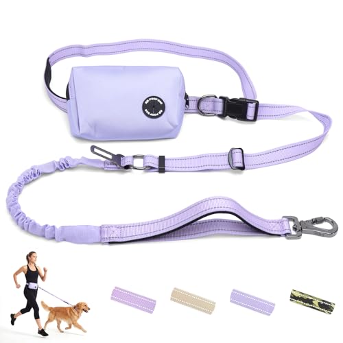 COSOWO Hands Free Dual Handle Retractable Bungee Leash with Reflective Trim, Adjustable Waist Belt for Dog Walking, Running, Hiking - Durable Nylon Leash for Medium Large Dogs, Purple